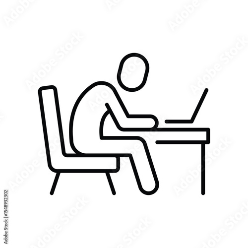 Burnout at Work Icon Vector, Outline Symbol of Exhausted Person with Laptop, Remote Work Fatigue and Digital Overload, Slumped Sitting Pose, Mental Health Icon