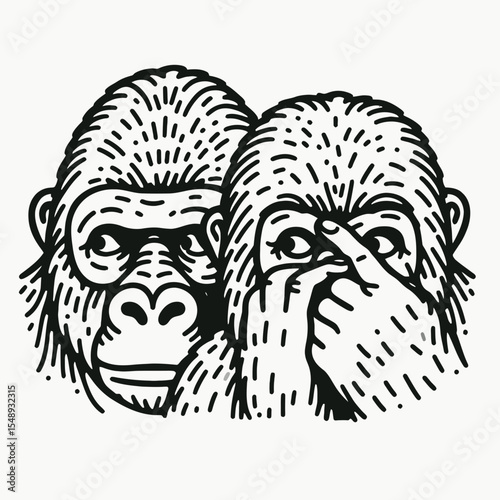 Gorilla couple peeking pose. Valentine Love Romance Cupid February Clipart Line Art Vector Illustration. Ape duo secret look posture primate pair hidden vision wild creature peek position.