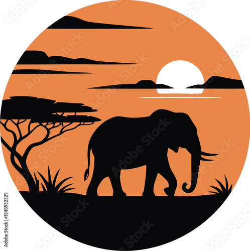 Silhouette of an elephant walking in a savanna landscape with a sunset inside a circle design art