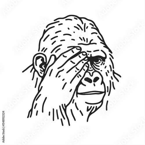 Gorilla couple peeking pose. Valentine Love Romance Cupid February Clipart Line Art Vector Illustration. Primate duo looking posture ape pair showing head big mammal watch stance.