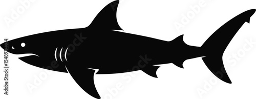 A silhouette of a shark swimming to the left with a white background and clear fin details shown
