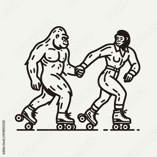 Gorilla couple play roller skate. Valentine Love Romance Cupid February Clipart Line Art Vector Illustration. Ape pair having fun with wheeled footwear primate amusement park activity.