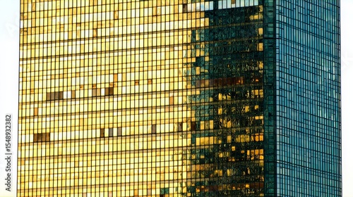 building, facade, glass, modern, architecture, design, geometric, pattern, grid, reflection, blue, yellow, light, abstract, color, contrast, dynamic, structure, urban, exterior, contemporary, sky, sun