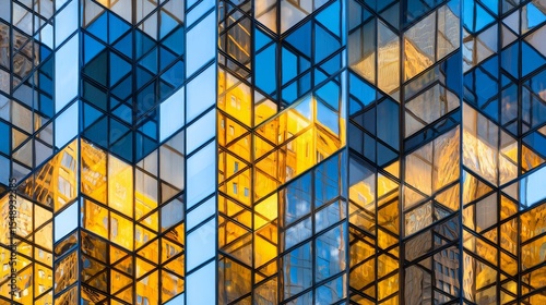 Modern building facade with grid-like glass panels in shades of blue and yellow, reflecting sky and warm sunlight, creating abstract, dynamic, and visually engaging contrasts.