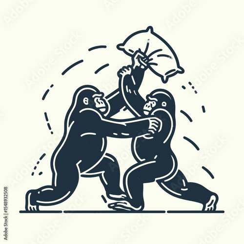 Gorilla couple Playful Pillow Fight. Valentine Love Romance Cupid February Clipart Line Art Vector Illustration. Ape pair having fun with feather cushion battle a loving moment.