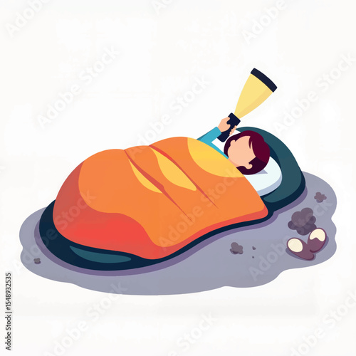 Cozy child sleeping with flashlight in sleeping bag, peaceful adventure