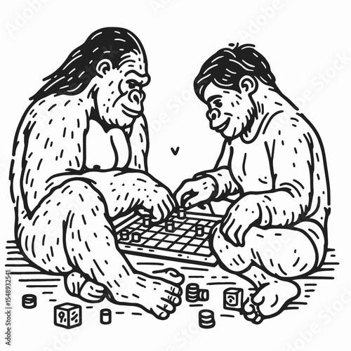 Gorilla couple Playing games together. Valentine Love Romance Cupid February Clipart Line Art Vector Illustration. Ape pair having amusement together primate duo enjoy activity jointly.