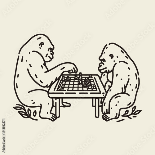 Gorilla couple Playing games together. Valentine Love Romance Cupid February Clipart Line Art Vector Illustration. Ape pair having fun with activity primate amusement jungle creatures.