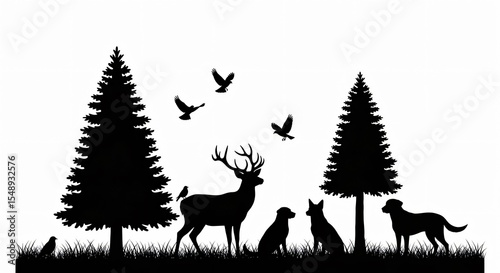 Silhouette of deer, dogs, birds, and trees in a forest setting against a white background landscape scene