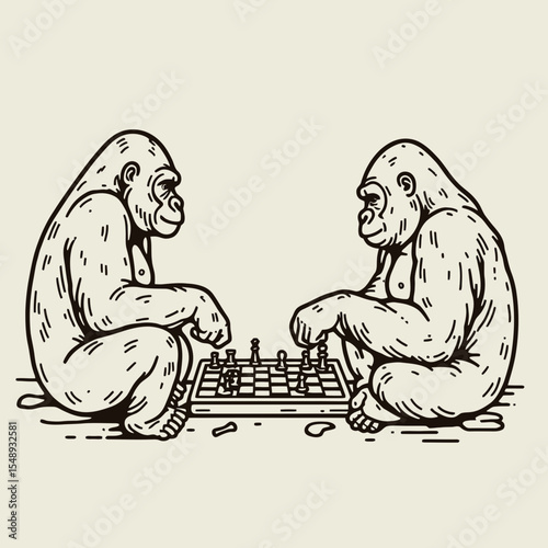 Gorilla couple Playing games together. Valentine Love Romance Cupid February Clipart Line Art Vector Illustration. Ape duo having amusement primate pair enjoys hobby fun activity.