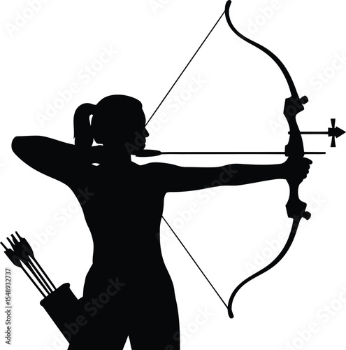 Silhouette of a woman archer aiming with bow and arrow against a white background in a vector image