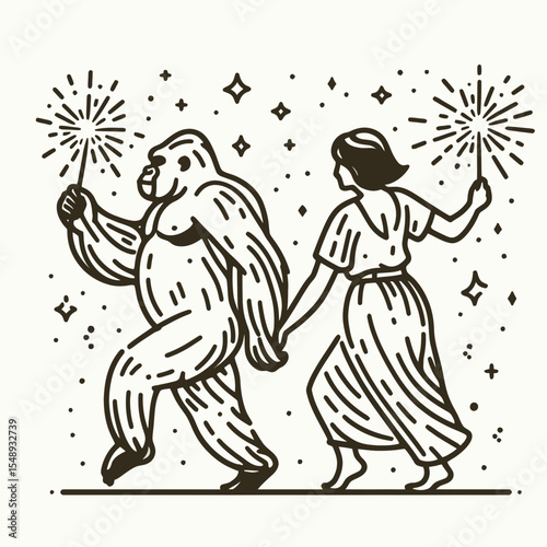 Gorilla couple Playing with sparklers. Valentine Love Romance Cupid February Clipart Line Art Vector Illustration. Ape duo having fun handheld firework primate pair enjoy light.