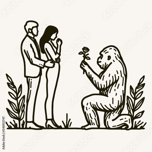 Gorilla couple Proposal Moment. Valentine Love Romance Cupid February Clipart Line Art Vector Illustration. Ape pair courtship event huge primate declaration picture opportunity.