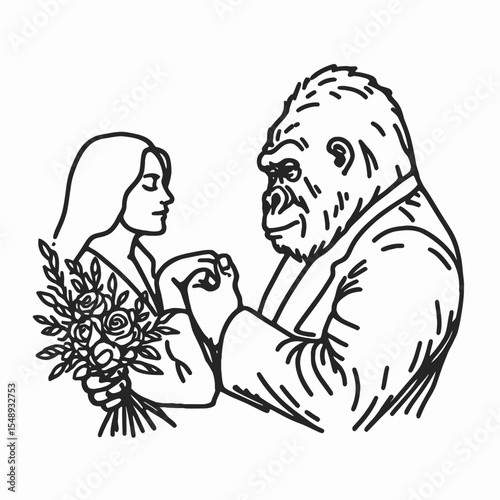 Gorilla couple Proposal Moment. Valentine Love Romance Cupid February Clipart Line Art Vector Illustration. Ape pair engagement scene primate offer of marriage time wildlife affection.