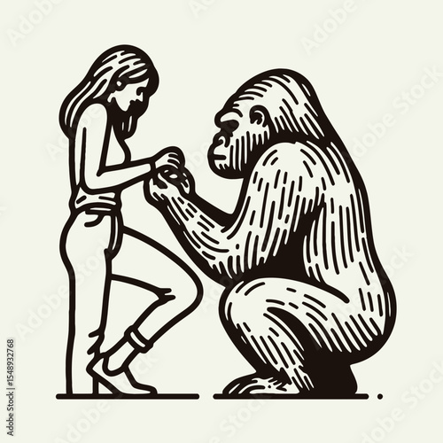 Gorilla couple Proposal Moment. Valentine Love Romance Cupid February Clipart Line Art Vector Illustration. Ape duo betrothal event big primate pair romance declaration.
