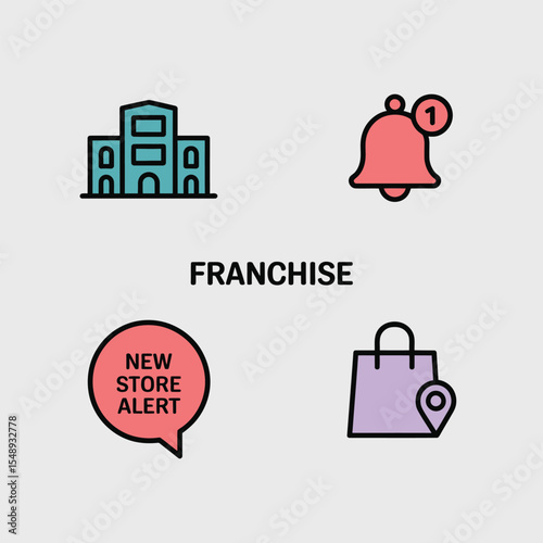 Teal Building Icon Red Notification Bell Purple Shopping Bag New Store Alert Franchise Icon Set Flat Design