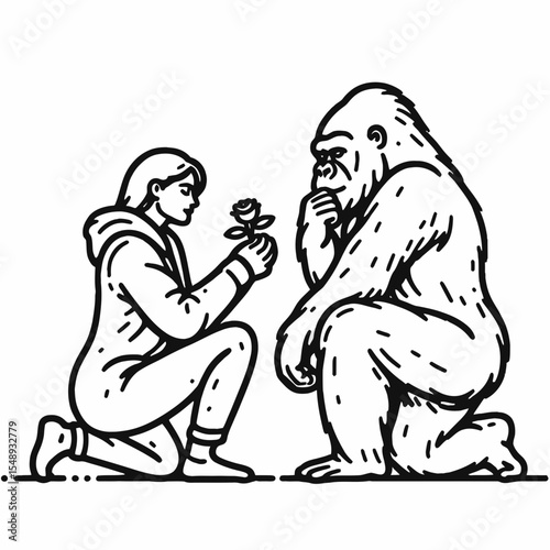 Gorilla couple Proposal Pose. Valentine Love Romance Cupid February Clipart Line Art Vector Illustration. Primate pair courting posture loving display wildlife image romantic scene.