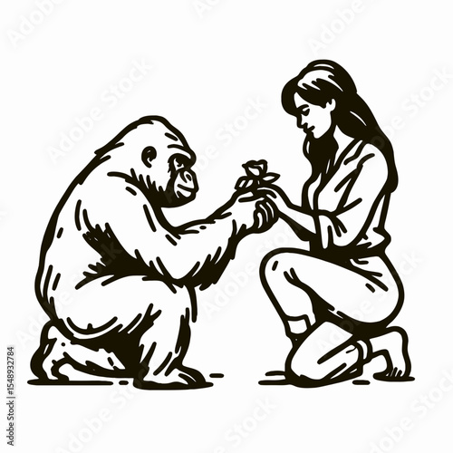 Gorilla couple Proposal Moment. Valentine Love Romance Cupid February Clipart Line Art Vector Illustration. Ape pair betrothal event at zoo primate expression occasion.