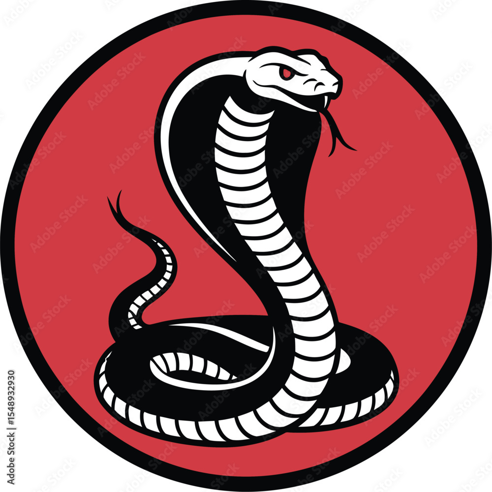 Fototapeta premium A stylized black cobra with red eyes and tongue on a red circle with a black outline on white background