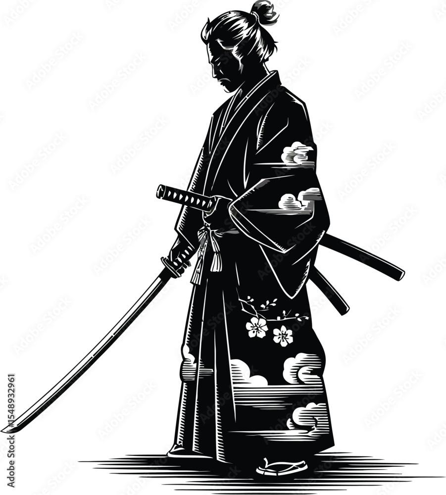 A black and white illustration of a samurai with two swords and a kimono with cloud patterns