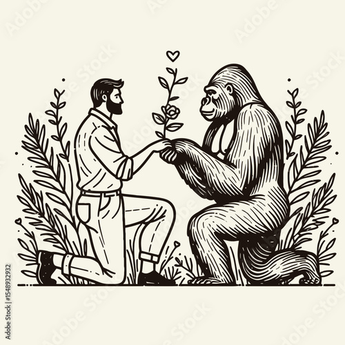 Gorilla couple Proposal Pose. Valentine Love Romance Cupid February Clipart Line Art Vector Illustration. Ape pair courting posture primate declaration moment in wild nature.