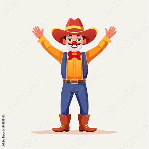 Whimsical rodeo clown design with classic gear, perfect for children’s books, posters, or event graphics.
