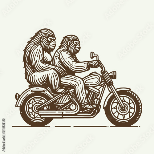 Gorilla couple ride cruiser motorcycle. Valentine Love Romance Cupid February Clipart Line Art Vector Illustration. Ape duo travel touring bike primate pair enjoy motor vehicle journey.