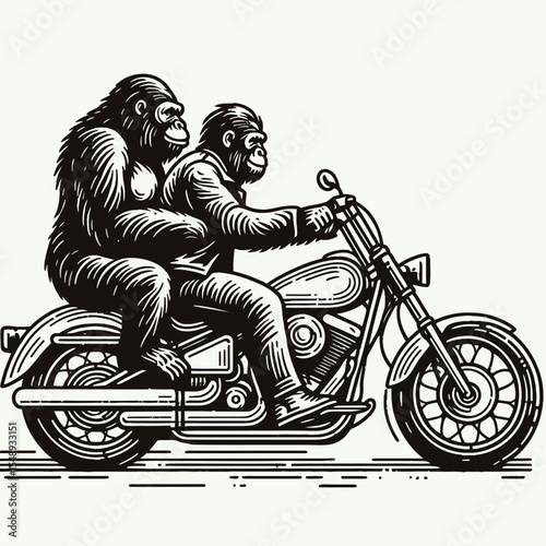 Gorilla couple ride cruiser motorcycle. Valentine Love Romance Cupid February Clipart Line Art Vector Illustration. Primate pair journey on road bike open highway travel concept.