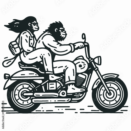 Gorilla couple ride cruiser motorcycle. Valentine Love Romance Cupid February Clipart Line Art Vector Illustration. Primate pair tour via street bike ape partner joyride upon roadster.