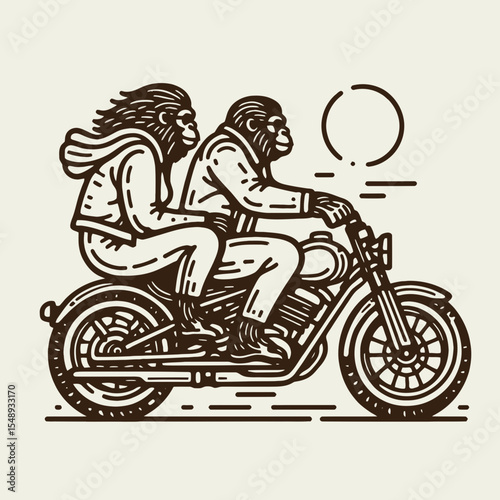 Gorilla couple ride cruiser motorcycle. Valentine Love Romance Cupid February Clipart Line Art Vector Illustration. Ape pair touring on a big motorbike primate journey animal travel.