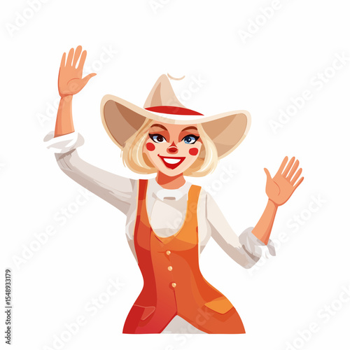 Whimsical rodeo clown design with classic gear, perfect for children’s books, posters, or event graphics.