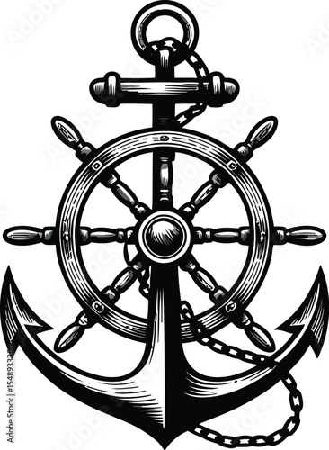 A detailed black and white illustration of a ship's wheel and anchor on a textured white background