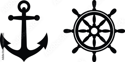 A graphic illustration of a black anchor and a ship's wheel on a plain white background design art