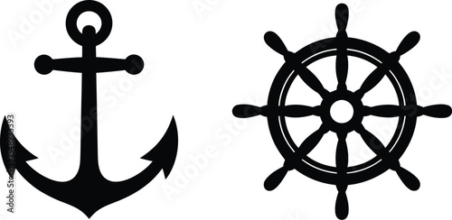 A black and white image showing an anchor and a ship's wheel on a plain white background design art