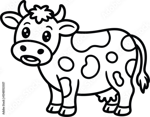 A cartoon cow with black outlines and spots on a white background in a simple illustration style