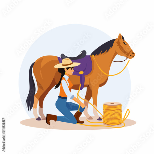 Patriotic rodeo cowgirl illustration waving a flag, ideal for country events, branding, or shirts.