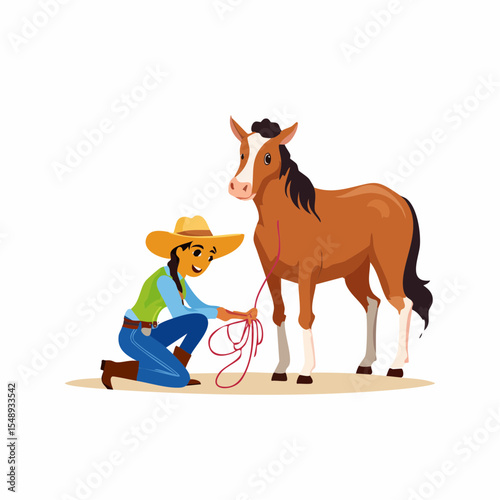 Patriotic rodeo cowgirl illustration waving a flag, ideal for country events, branding, or shirts.