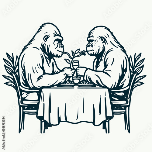 Gorilla couple Sharing a romantic dinner. Valentine Love Romance Cupid February Clipart Line Art Vector Illustration. Primate pair having lovely meal at eatery date for ape duo with food.