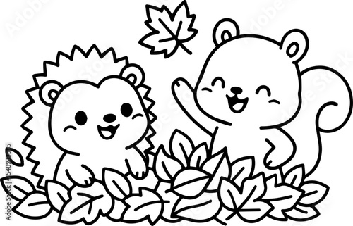 Kawaii hedgehog and squirrel playing in autumn leaves — kids coloring page vector on transparent background