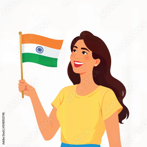 Joyful woman celebrating with Indian flag on white background, patriotism