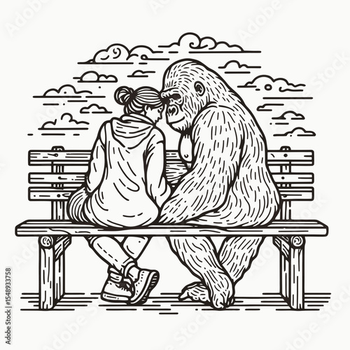 Gorilla couple Sitting together on a bench. Valentine Love Romance Cupid February Clipart Line Art Vector Illustration. Ape pair at rest taking seat upon outdoor furniture.