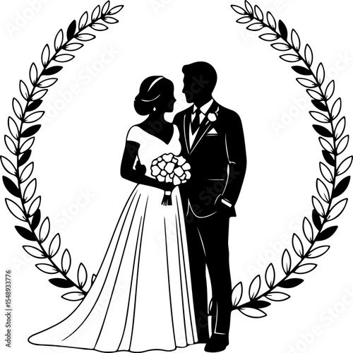 Elegant Black and White Silhouette of a Bride and Groom within a Laurel Wreath