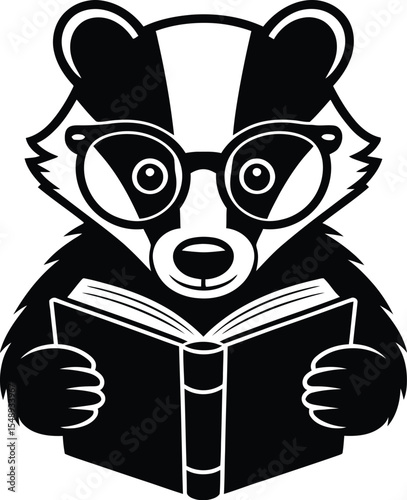 A black and white illustration of a badger wearing glasses and reading a book on a white background