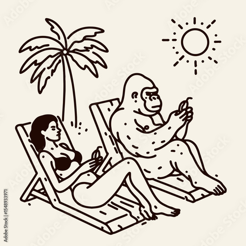 Gorilla couple sun bathing. Valentine Love Romance Cupid February Clipart Line Art Vector Illustration. Ape pair enjoy sunshine primate duo bask under sunlight for warmth.