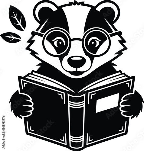 A badger with glasses reading a book in black and white with leaves on the upper left corner side view