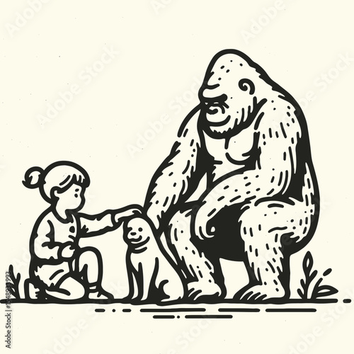 Gorilla couple Taking care of a pet. Valentine Love Romance Cupid February Clipart Line Art Vector Illustration. Ape duo nurturing domestic animal companion at their habitat.