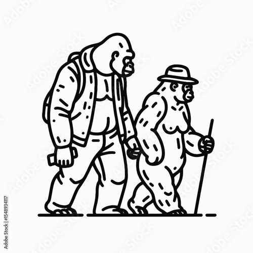 Gorilla couple Urban Exploration. Valentine Love Romance Cupid February Clipart Line Art Vector Illustration. Ape pair exploring abandoned places city ruins adventure primate duo trek.