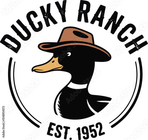 A logo featuring a duck wearing a hat inside of a circle with the words ducky ranch est nineteen fifty two