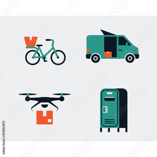 Teal Green Delivery Methods Icons Set Bicycle Van Drone Package Locker Flat Design Illustration image