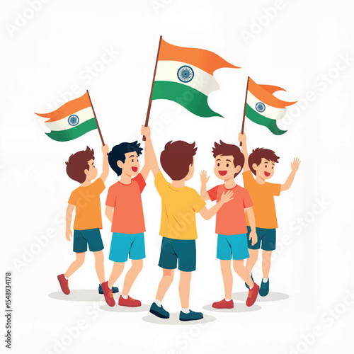 Cheerful boys waving Indian flags in celebration, unity and joy